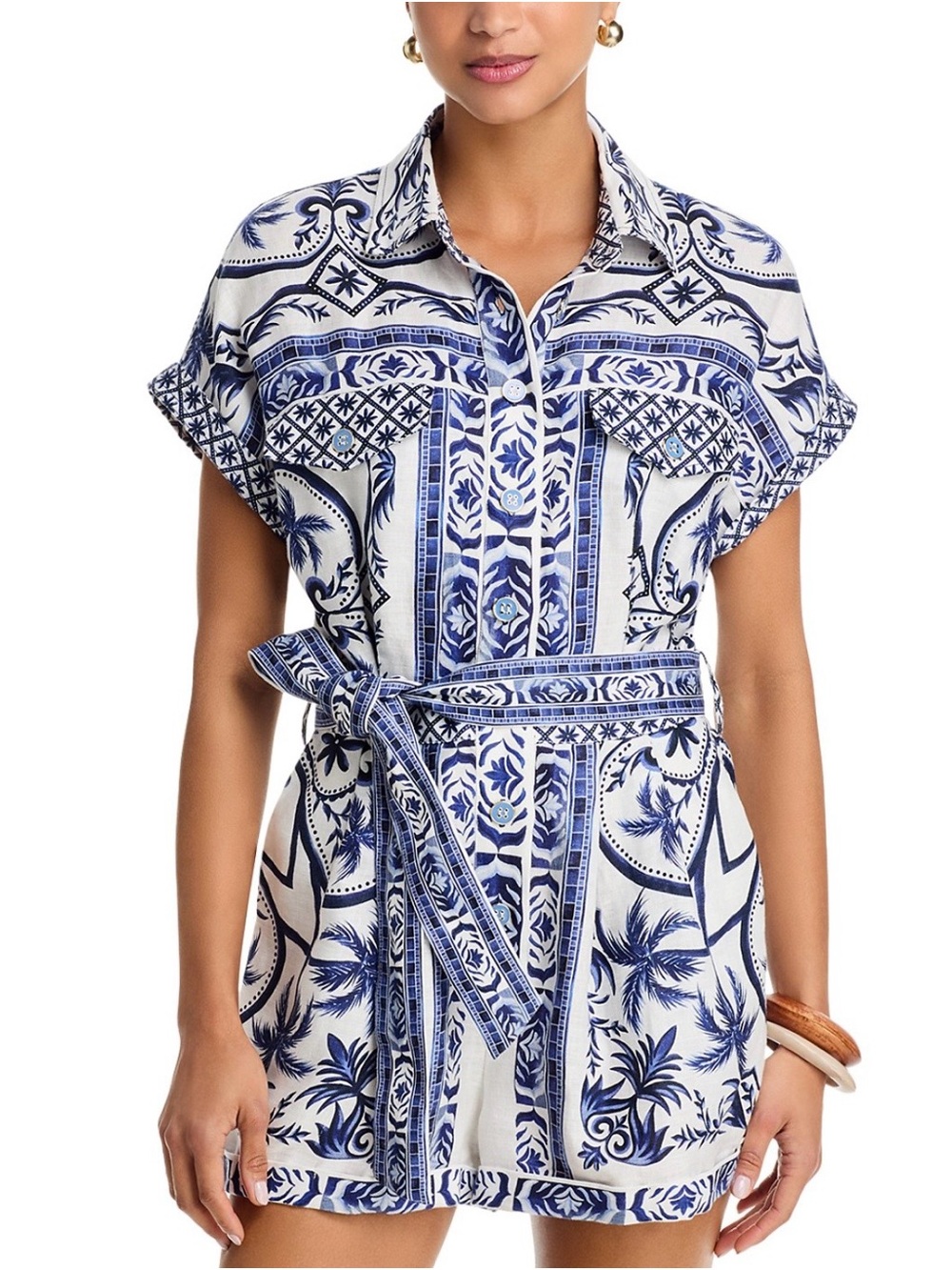 FARM Rio Wonderful City Linen Blend Romper Blue and White Size L